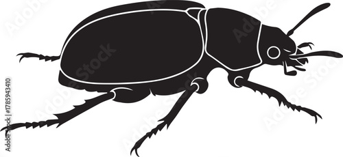 Black silhouette of a detailed dung beetle insect crawling forward isolated on white.
