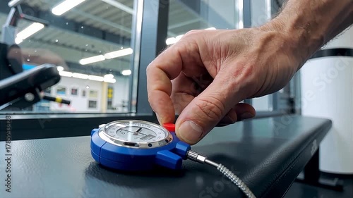 Hand pressing button on stopwatch on gym bench