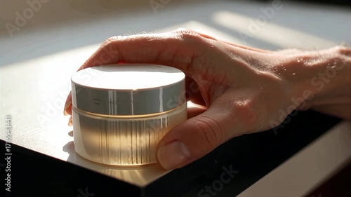 Hand reaching for a jar of cream on a table