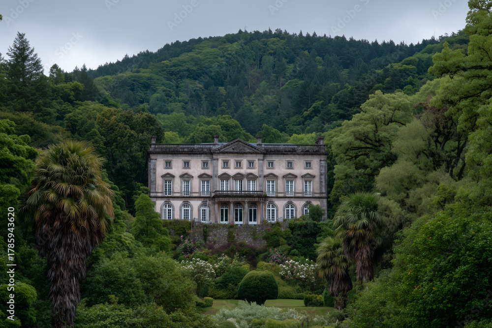 Fototapeta premium Elegant historic chateau in a lush forest garden