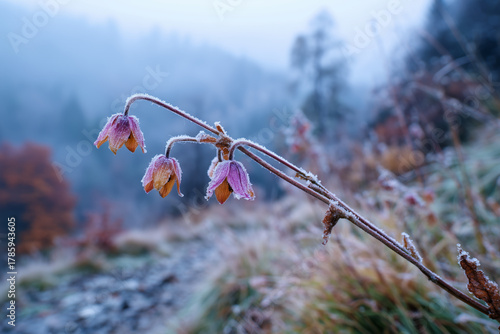 Delicate frozen flowers covered in frost on a cold, foggy morning