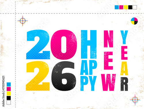 Vector vintage poster with 2026 in CMYK style. Retro poster for new year 2020. Happy new year 2026