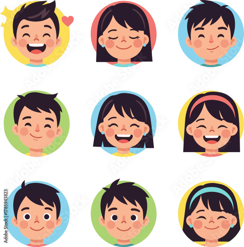 Create a kinds of deferent Smile, relief, joy, boy and girl icon vector art with white background.