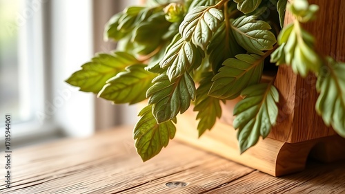 tolerable. Close-up of dried lovage leaves on a wooden rack with natural morning light. gardening catalogs, home-decor guides, designed for home decor and floral branding, used by sports marketers.
