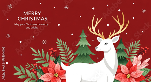  A festive vector illustration featuring a white reindeer with golden antlers, poinsettia flowers, and pine trees on a red background, perfect for Christmas cards, banners, or holiday greetings.