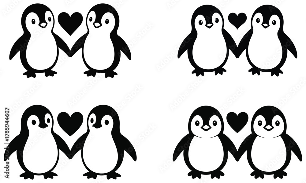 Obraz premium Set of cute penguin couple illustrations holding hands with hearts above them in black and white design 