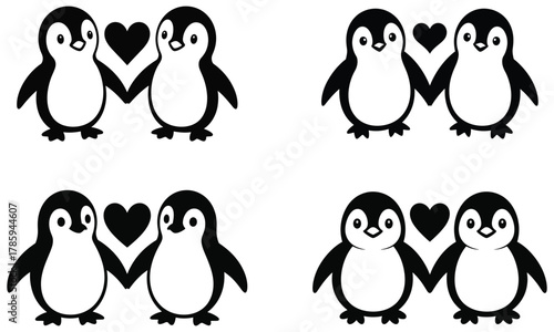 Set of cute penguin couple illustrations holding hands with hearts above them in black and white design
