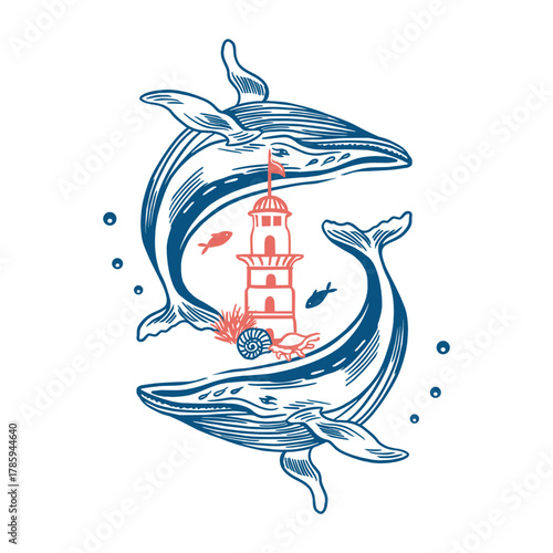 Two whales and a lighthouse with fish and shells. Hand drawn vector line art illustration in blue for posters and banners. Perfect for a travel postcard.