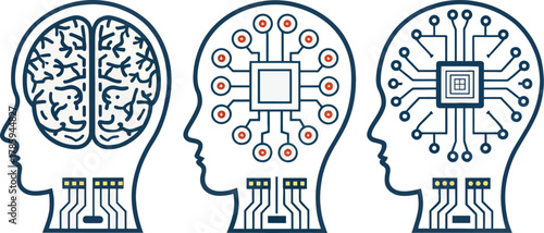 Adobe IllustratoArtificial intelligence and human brain comparison illustration showing evolution from biological brain to digital chip and circuit design in human head outline
r Artwork