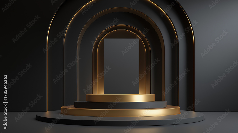 Fototapeta premium Elegant black and gold product display podium with arches for presentation