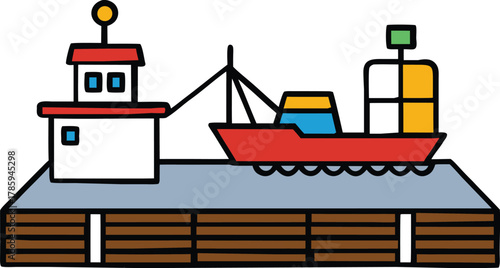 Cartoon illustration of a busy harbor scene with a cargo ship sailboat and dockside buildings isolated on transparent background