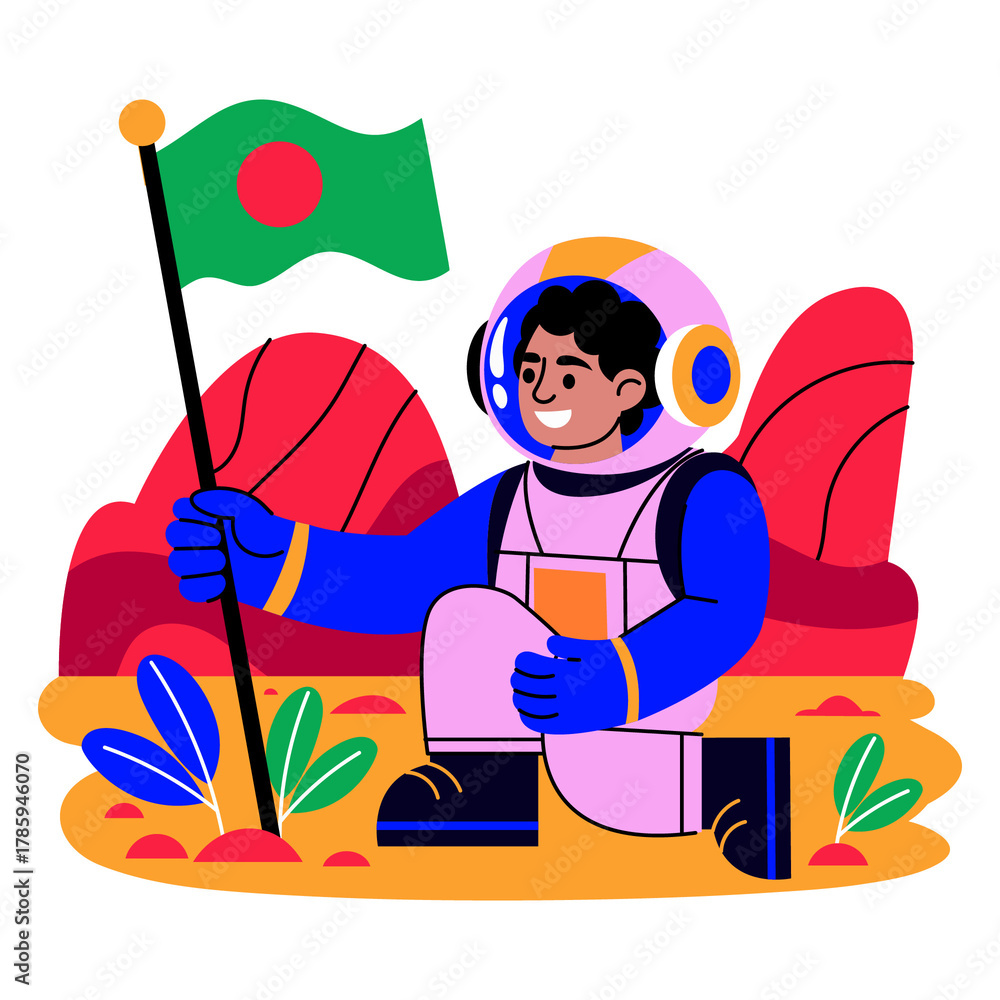 Fototapeta premium Astronaut placing flag on new discovered planet surface — PNG File On Transparent Background 