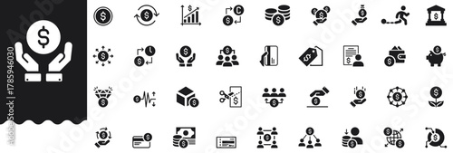 Dollars and Money icons set covers currency, payment savings, wallet, bank, coins, bills, income, profit revenue, capital, funding, exchange, accounting, credit card. Professional vector collection