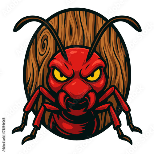 Powerful Red Ant Mascot Emblem, Fierce Insect Illustration with Wooden Background
