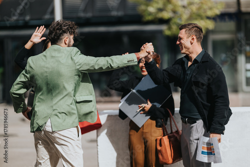 Foto A group of colleagues in casual business attire share a high-five on a sunny outdoor day, signaling success, collaboration, and camaraderie after a productive meeting