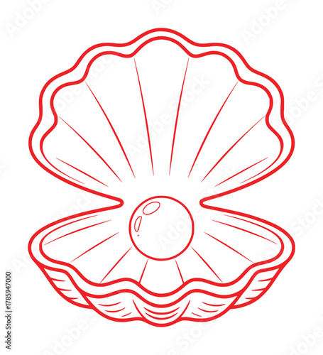 A simple red outline drawing of an open seashell with a pearl inside