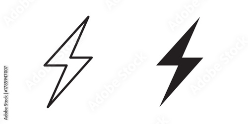 Flash Icon. Lightning, electric power vector design element. Energy and thunder electricity symbol . Lightning bolt sign. Vector illustration with stroke and fill on a white background.