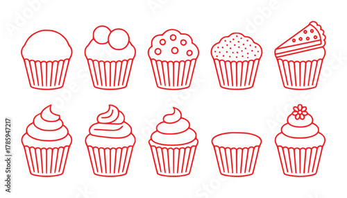 Collection of Red Line Art Cupcakes and Cake Slice Icons on White Background