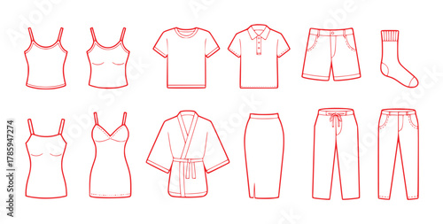 Collection of Red Line Art Fashion Apparel Icons: Tops, Bottoms, and Accessories