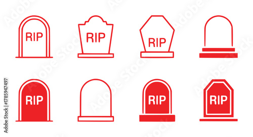 Collection of Red Tombstone Icons with "RIP" Inscriptions on White Background