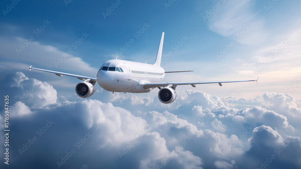 Obraz premium White airplane flying in blue sky defocused clouds, faceless aviation banner, flight visualization detail, blurred cloudscape background, travel concept, company interface, web dis