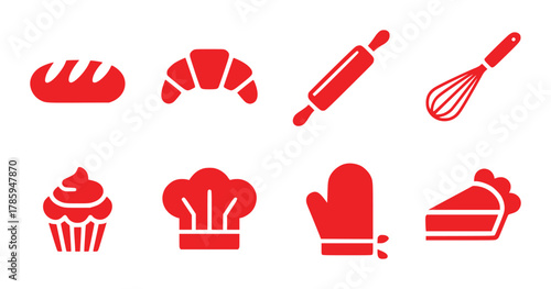 Red Baking Icons: Bread, Croissant, Rolling Pin, Whisk, Cupcake, Chef Hat, Oven Mitt, Pie Slice