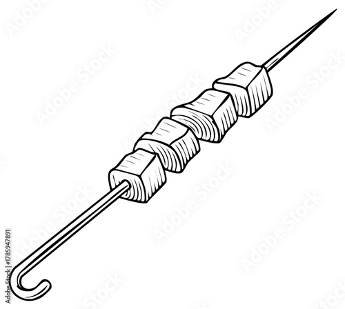 Meat Kebab Skewer Drawing: Detailed monochrome sketch of cubed meat on a barbecue stick, cuisine illustration