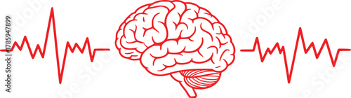 Red Brain and Heartbeat Line Graphic - Symbolizing Health, Science, and Life