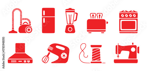 Red Icons of Household Appliances and Sewing Tools on White Background