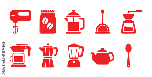 Red Icons of Kitchen Appliances and Coffee Making Tools
