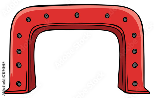 Red cartoon arch with rivets and black outline, minimalist graphic design, isolated element