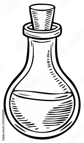 Ink illustration of a potion bottle with a cork. Cartoon drawing.