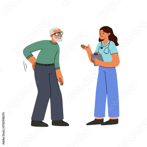 Vector illustration of an elderly man suffering from lower back pain consulting with a female doctor. Healthcare, medical examination, spinal problems, physical therapy, and geriatrics concept. Flat c