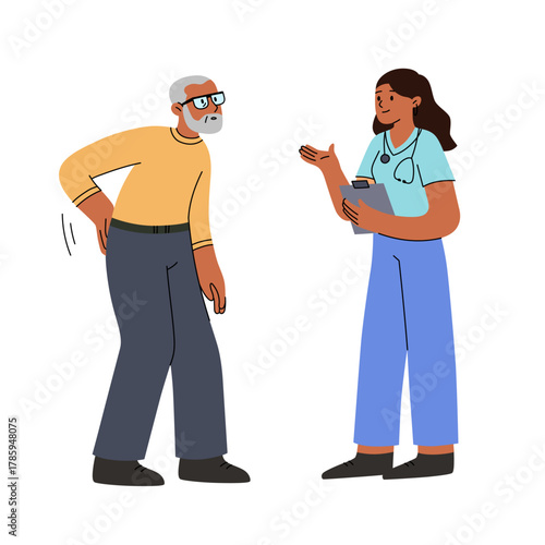 Vector illustration of an elderly man suffering from lower back pain consulting with a female doctor. Healthcare, medical examination, spinal problems, physical therapy, and geriatrics concept. Flat c