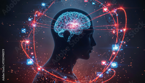 Digital brain with social media icons and neural connections illustrating psychological impact of online interactions and social networking on mental health