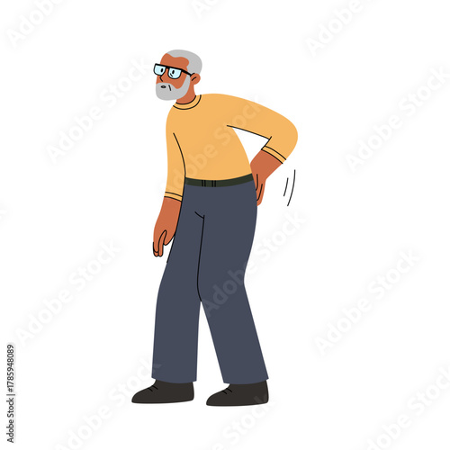 Vector illustration of an elderly man suffering from lower back pain. Senior patient holding his back, experiencing spine discomfort or lumbar pain. Medical, healthcare, and physical therapy concept i