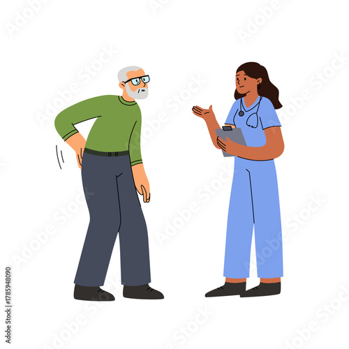 Vector illustration of an elderly man suffering from lower back pain consulting with a female doctor. Healthcare, medical examination, spinal problems, physical therapy, and geriatrics concept. Flat c