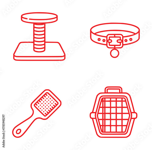 Red Line Icons of Pet Care Essentials: Scratching Post, Collar, Brush, Carrier