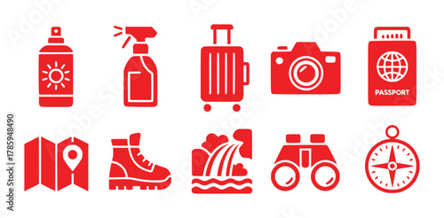 Red Travel Icons: Sunscreen, Luggage, Camera, Passport, Map, Boots, Waterfall, Binoculars, Compass