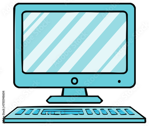 Cartoon style desktop computer setup with monitor and keyboard in blue color