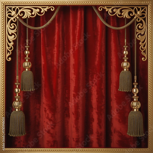 Curtain with ornate golden frame and red velvet