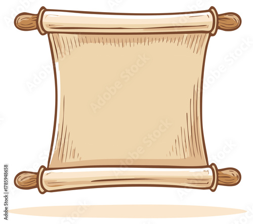 Blank ancient parchment scroll with wooden handles cartoon illustration