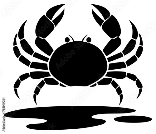 Bold black silhouette of a crab with pincers raised above a dark puddle