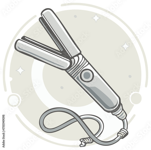 Sleek grey hair straightener flat iron illustration for modern hair styling and personal grooming tools