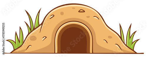 Cartoon Animal Burrow Hole with Grass Illustration in Tan and Brown