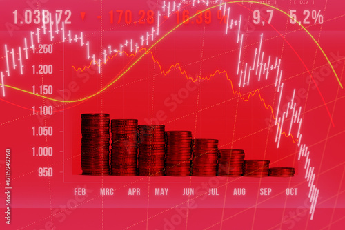 Stock market crash, falling chart, decreasing stacked euro coins, red collored. Risk, loosing money, business, financial market, falling graph, depressien era.