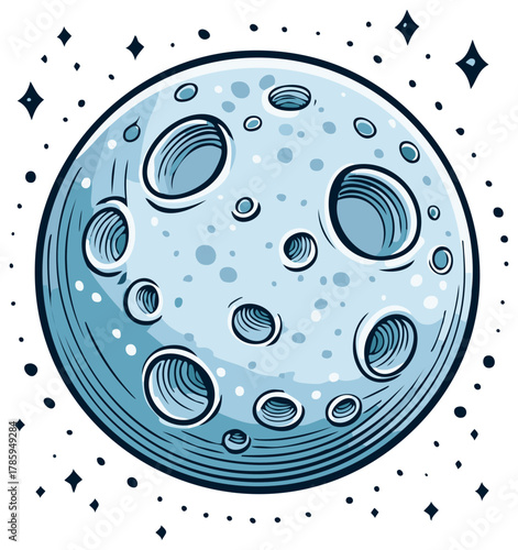 Stylized blue moon with craters in space surrounded by stars vector illustration