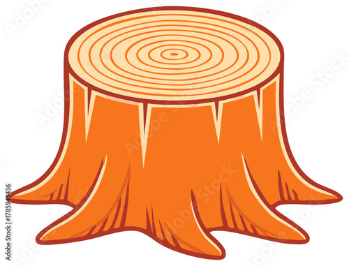 Whimsical Tree Stump Illustration with Visible Growth Rings, Cartoon Style Woodcut, Forest Element