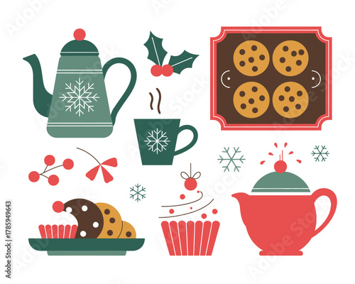 A collection of festive holiday treats and beverages.