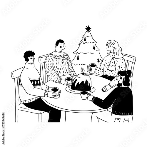 Family or friends gathering eating Christmas pudding at dinner vector illustration for holiday party. Festive group of people doodle line art monochrome winter meal celebration